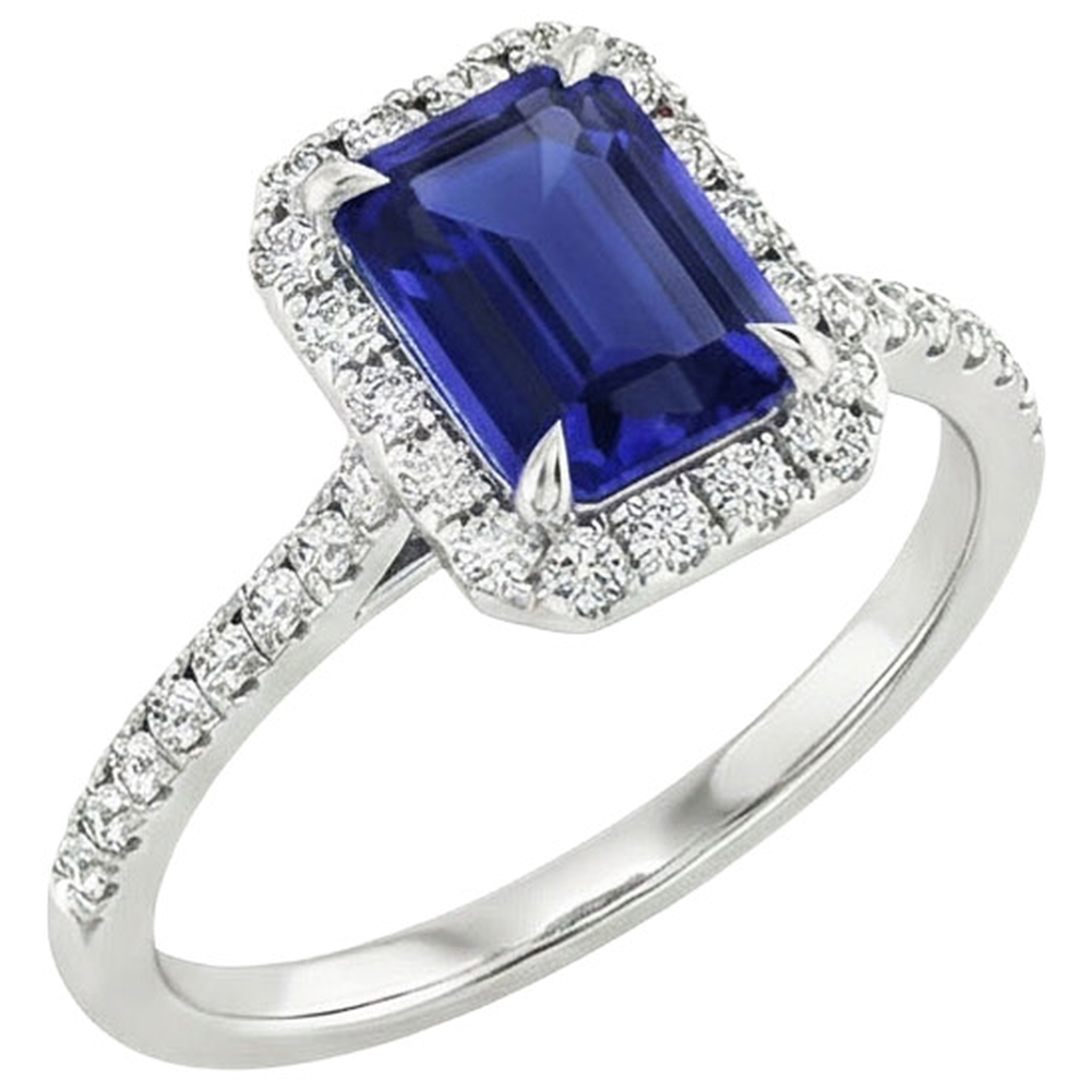 Halo Fancy Natural Earth Mined Diamond ( Not Lab Grown ) Ring Emerald Cut Sri Lankan Sapphire 4.25 Carats