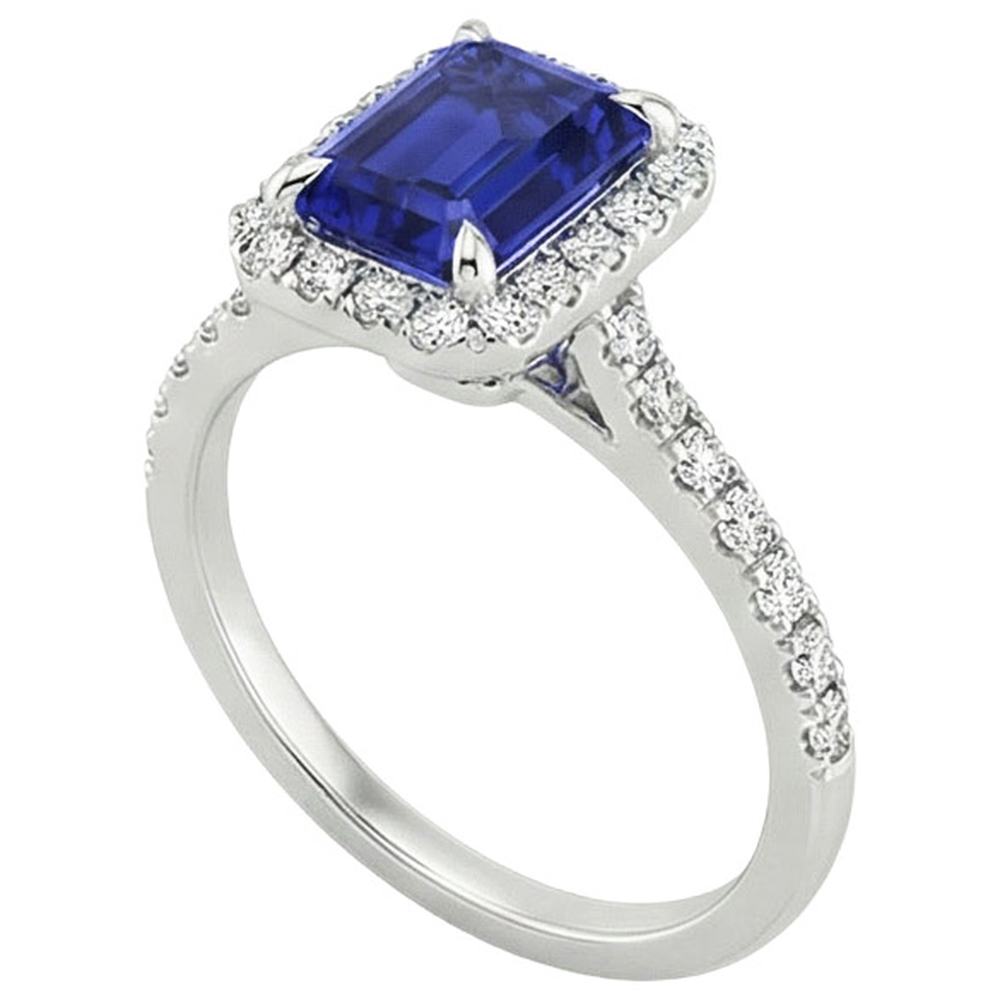 Halo Fancy Natural Earth Mined Diamond ( Not Lab Grown ) Ring Emerald Cut Sri Lankan Sapphire 4.25 Carats