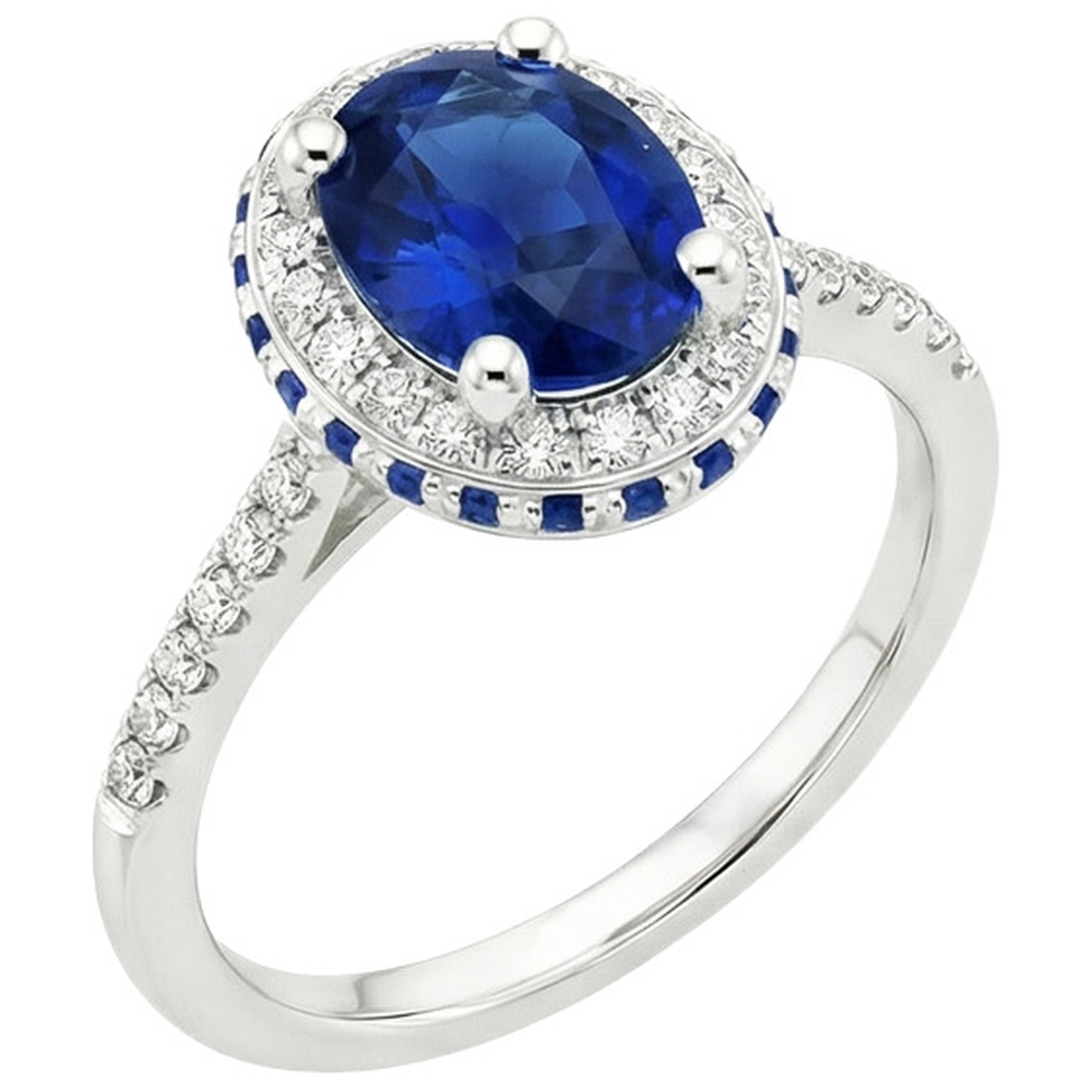 Halo Gemstone Oval Ring Blue Sapphire & Natural Earth Mined Diamond ( Not Lab Grown ) Accents 4.50 Carats