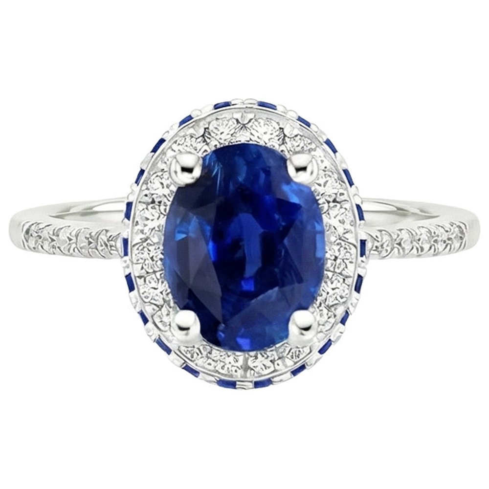 Halo Gemstone Oval Ring Blue Sapphire & Natural Earth Mined Diamond ( Not Lab Grown ) Accents 4.50 Carats