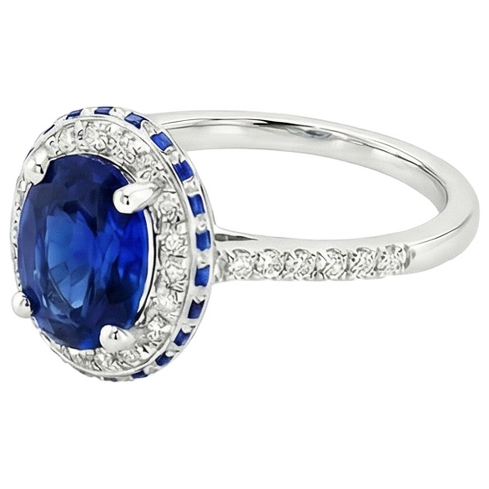 Halo Gemstone Oval Ring Blue Sapphire & Natural Earth Mined Diamond ( Not Lab Grown ) Accents 4.50 Carats