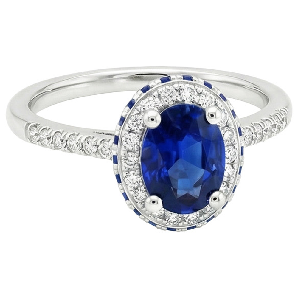 Halo Gemstone Oval Ring Blue Sapphire & Natural Earth Mined Diamond ( Not Lab Grown ) Accents 4.50 Carats