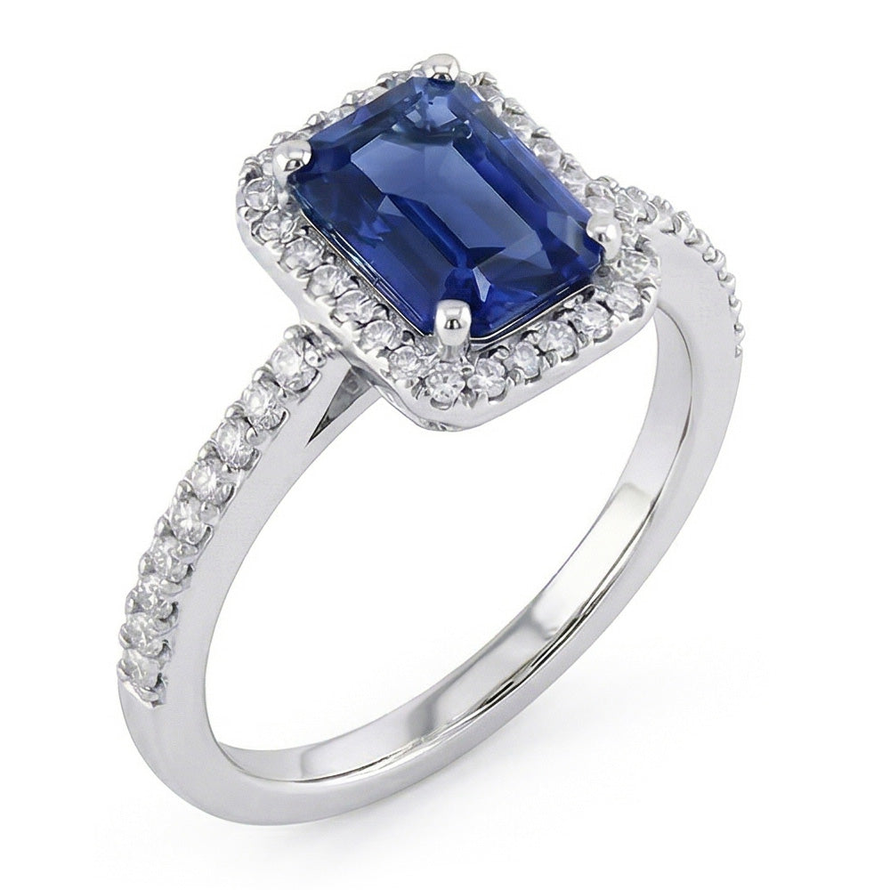 Halo Gold Natural Earth Mined Diamond ( Not Lab Grown ) Ring Emerald Blue Sapphire With Accents 3 Carats