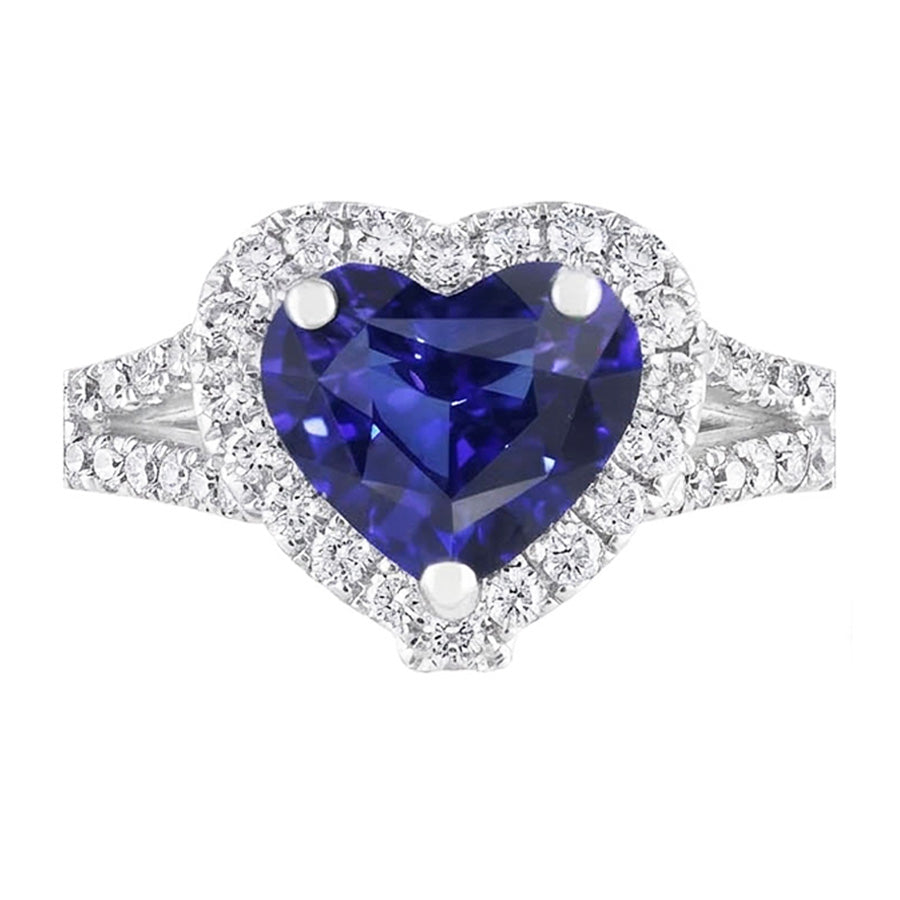 Halo Heart Blue Sapphire Ring Pave Split Shank Natural Earth Mined Diamond ( Not Lab Grown )s 3.50 Carats
