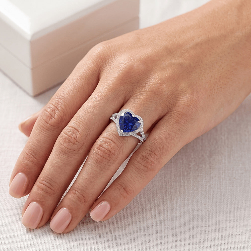 Halo Heart Blue Sapphire Ring Pave Split Shank Natural Earth Mined Diamond ( Not Lab Grown )s 3.50 Carats