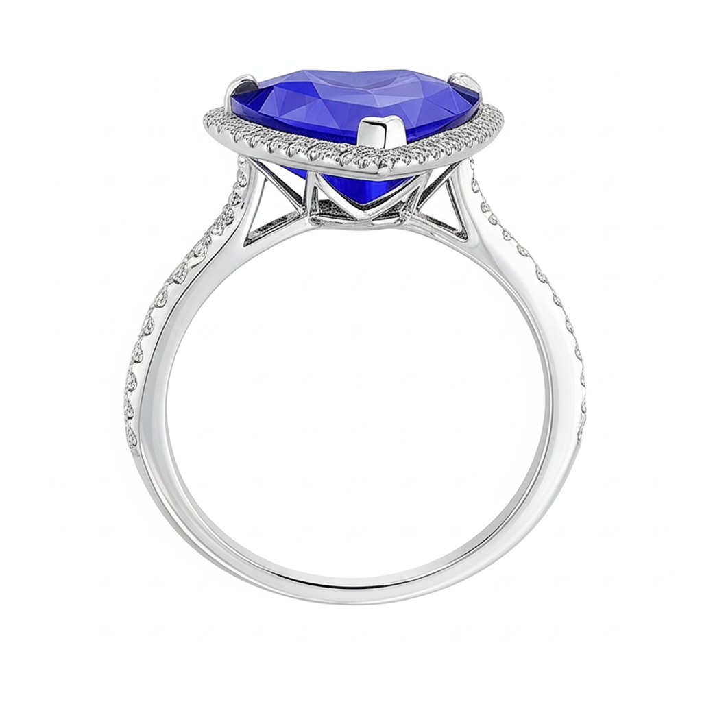 Halo Heart Ceylon Sapphire Engagement Ring 4.50 Carats Natural Earth Mined Diamond Jewelry
