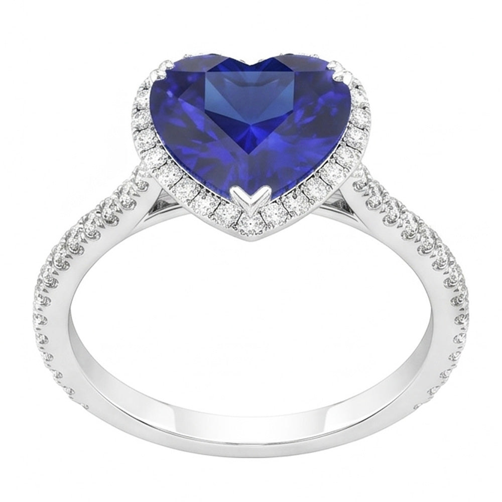 Halo Heart Ceylon Sapphire Engagement Ring 4.50 Carats Natural Earth Mined Diamond ( Not Lab Grown ) Jewelry
