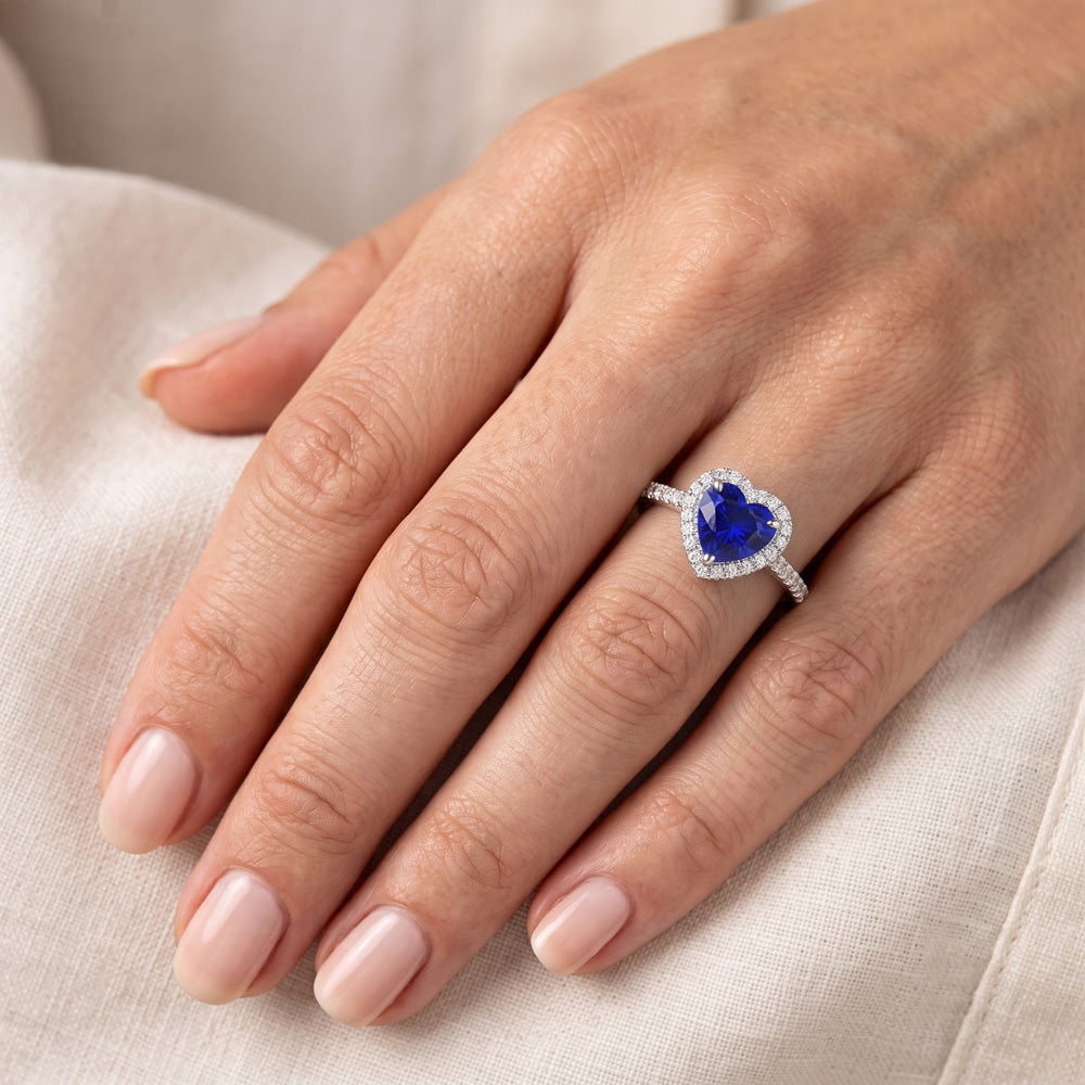 Halo Heart Ceylon Sapphire Engagement Ring 4.50 Carats Natural Earth Mined Diamond ( Not Lab Grown ) Jewelry