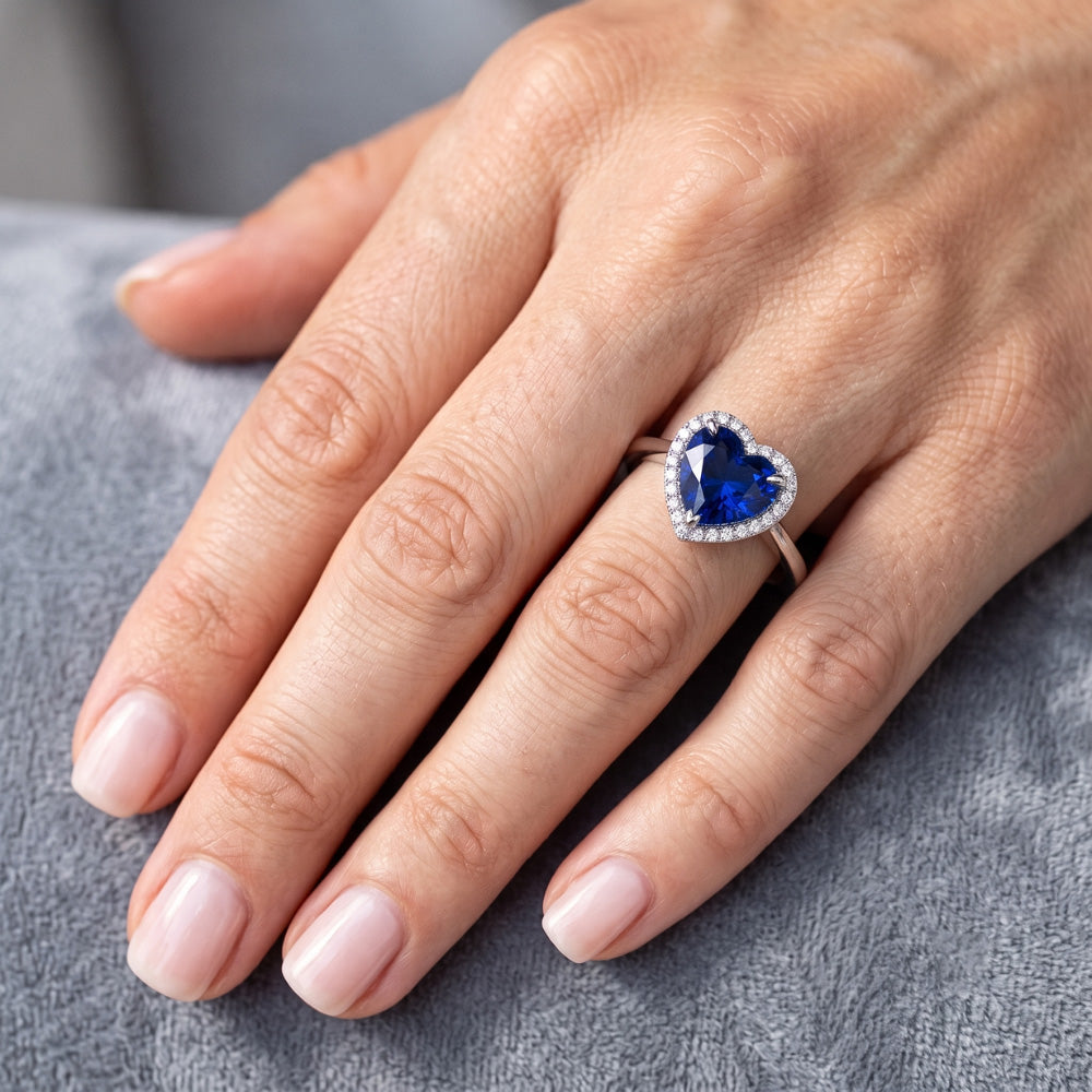 Halo Heart Ceylon Sapphire Wedding Ring 3.50 Carats Gold Jewelry