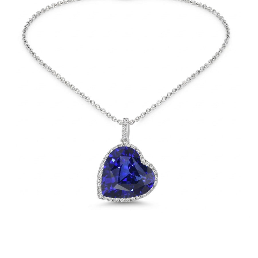 Halo Heart Dark Blue Sapphire & Round Natural Earth Mined Diamond ( Not Lab Grown ) Pendant 9 Carats