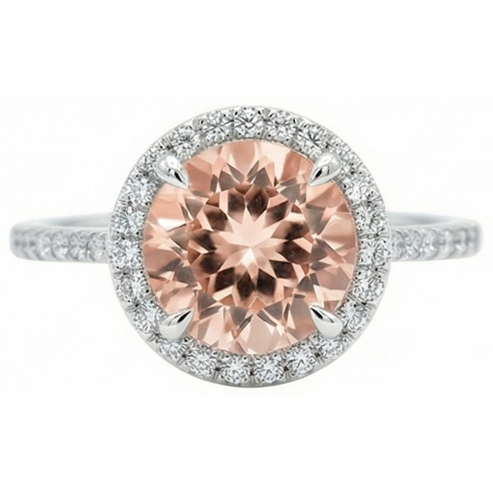 Halo Morganite And Natural Earth Mined Diamond ( Not Lab Grown )s 15.50 Carats Ring White Gold 14K