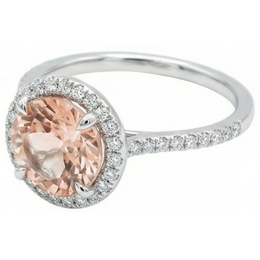 Halo Morganite And Natural Earth Mined Diamond ( Not Lab Grown )s 15.50 Carats Ring White Gold 14K