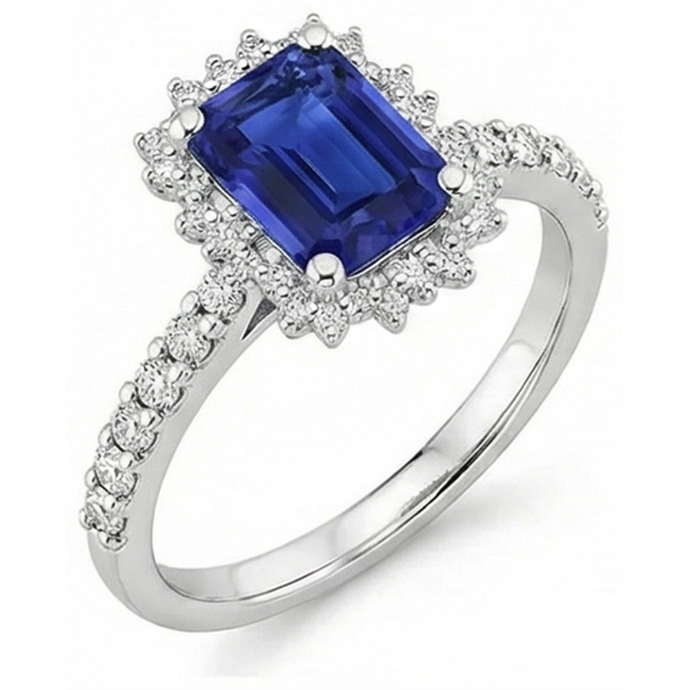 Halo Natural Earth Mined Diamond ( Not Lab Grown ) And Sapphire Engagement Ring