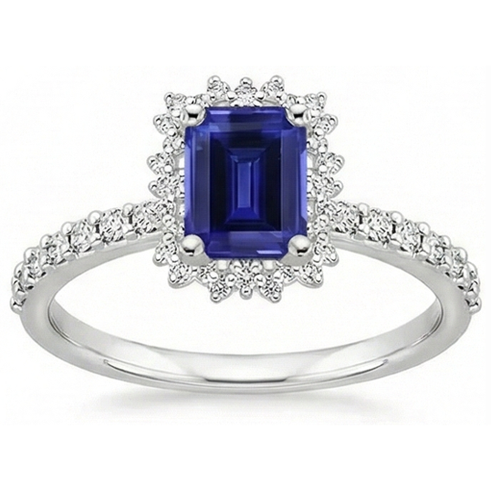 Halo Natural Earth Mined Diamond ( Not Lab Grown ) And Sapphire Engagement Ring