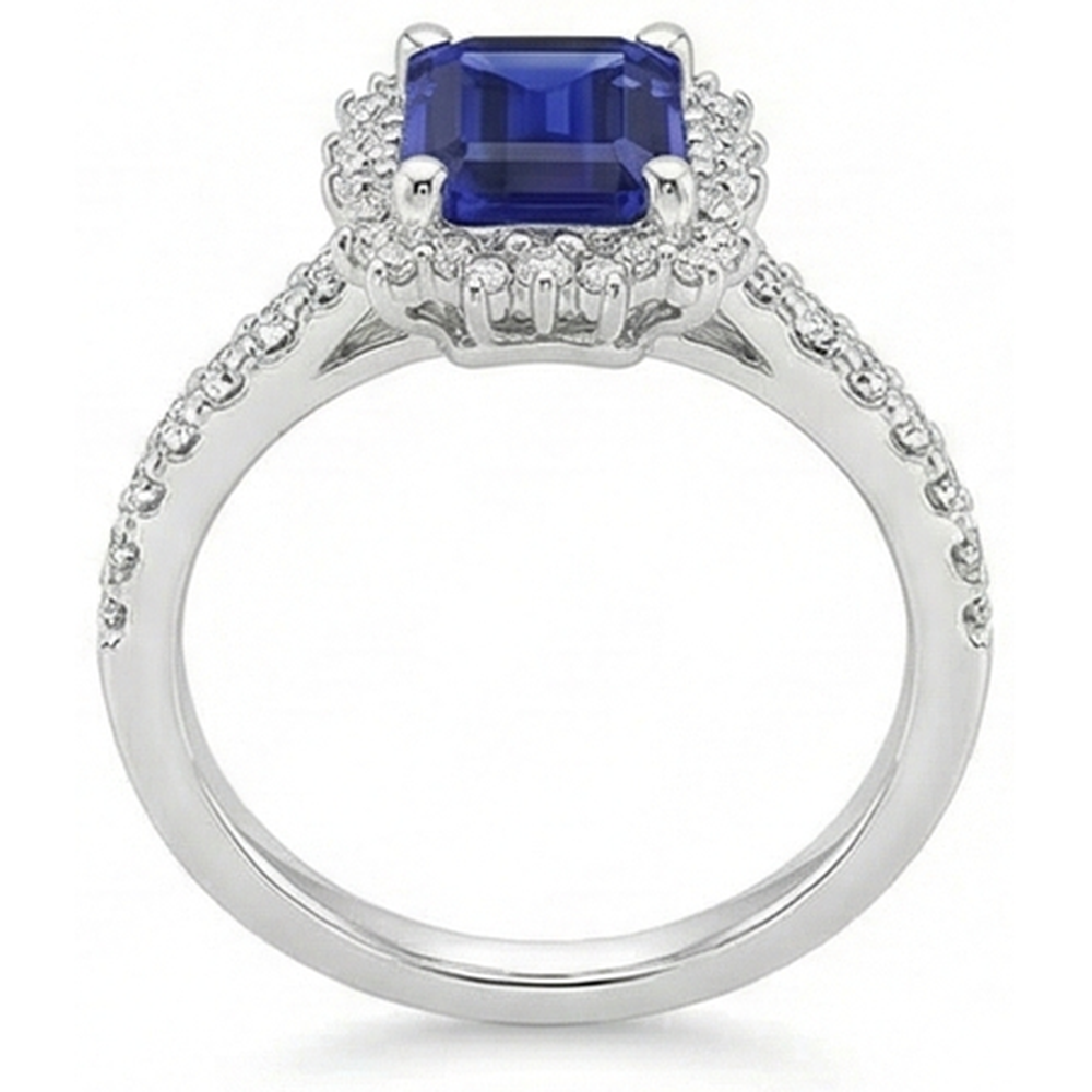 Halo Natural Earth Mined Diamond ( Not Lab Grown ) And Sapphire Engagement Ring