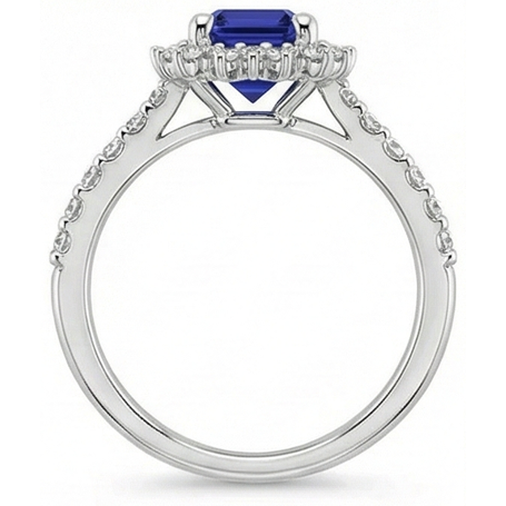 Halo Natural Earth Mined Diamond ( Not Lab Grown ) And Sapphire Engagement Ring