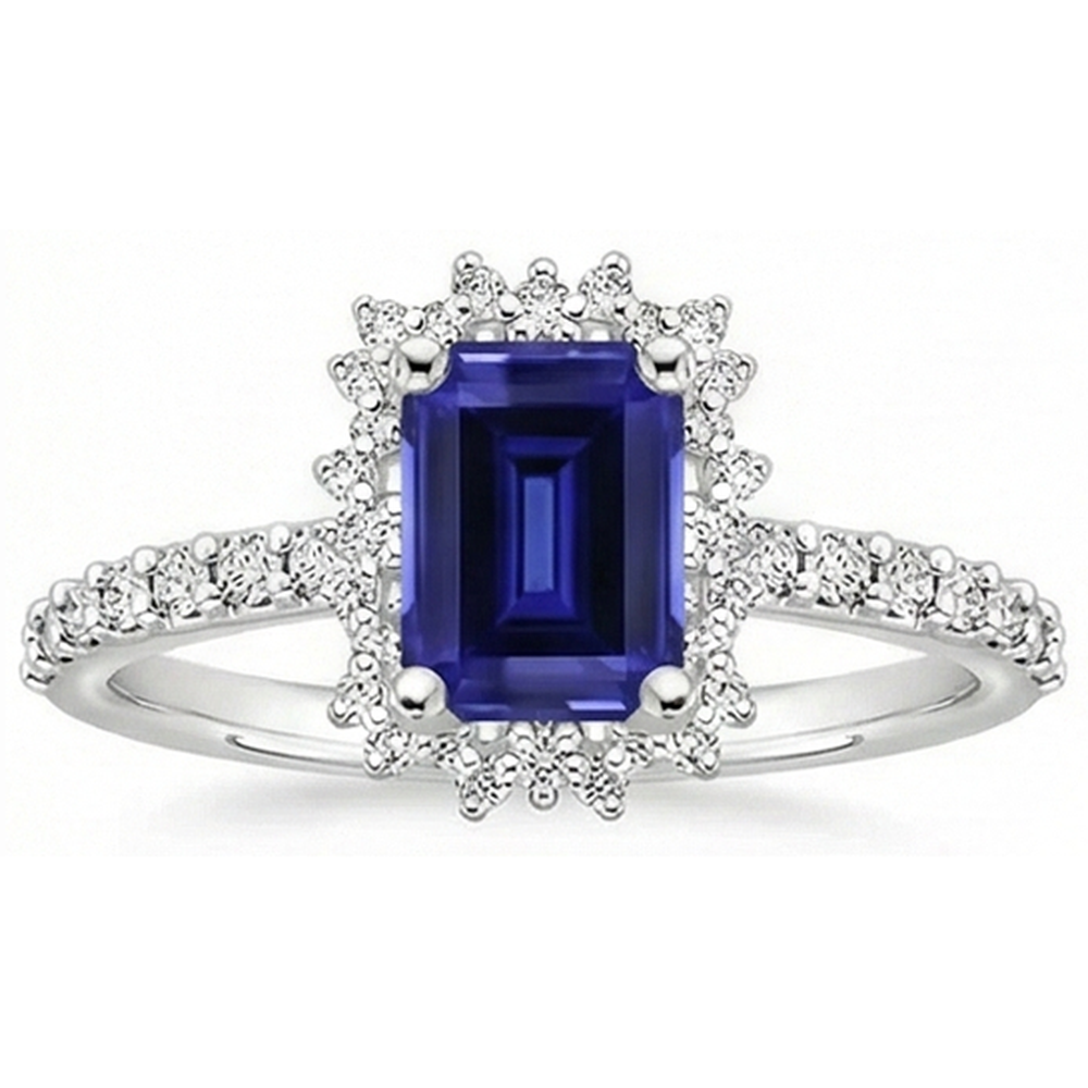 Halo Natural Earth Mined Diamond ( Not Lab Grown ) And Sapphire Engagement Ring