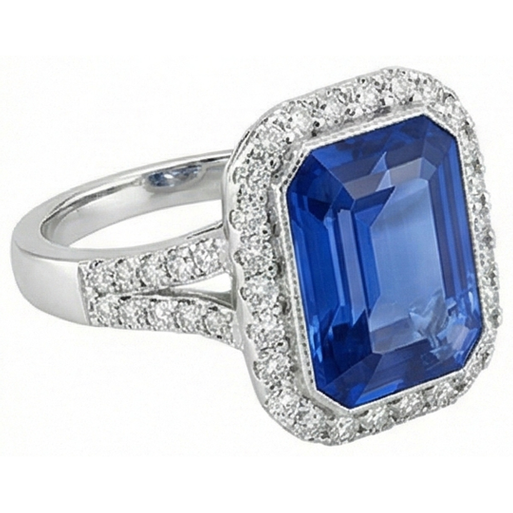 Halo Natural Earth Mined Diamond ( Not Lab Grown ) Bezel Set Emerald Blue Sapphire Engagement Ring 4 Carats