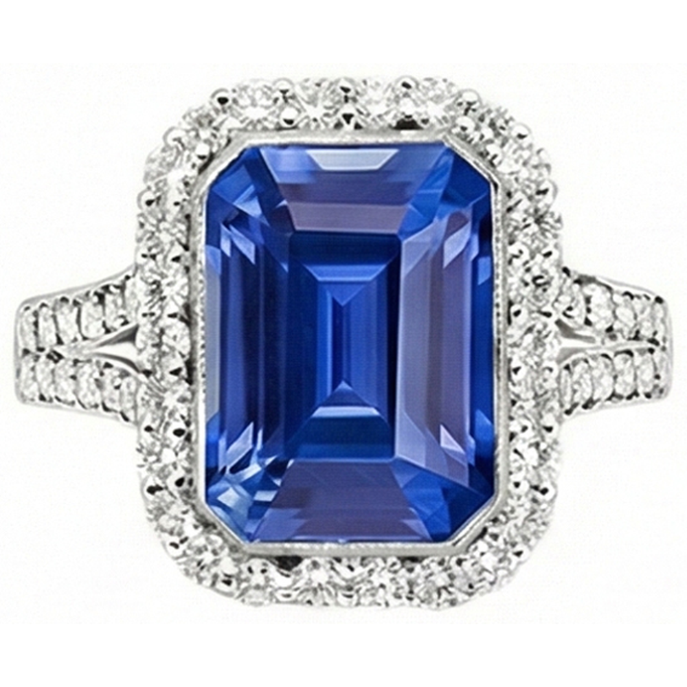 Halo Natural Earth Mined Diamond ( Not Lab Grown ) Bezel Set Emerald Blue Sapphire Engagement Ring 4 Carats