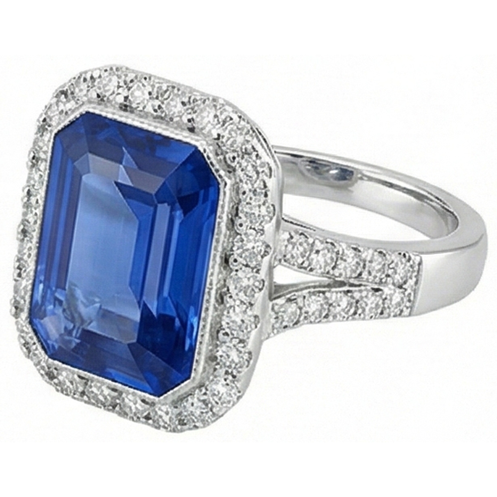 Halo Natural Earth Mined Diamond ( Not Lab Grown ) Bezel Set Emerald Blue Sapphire Engagement Ring 4 Carats