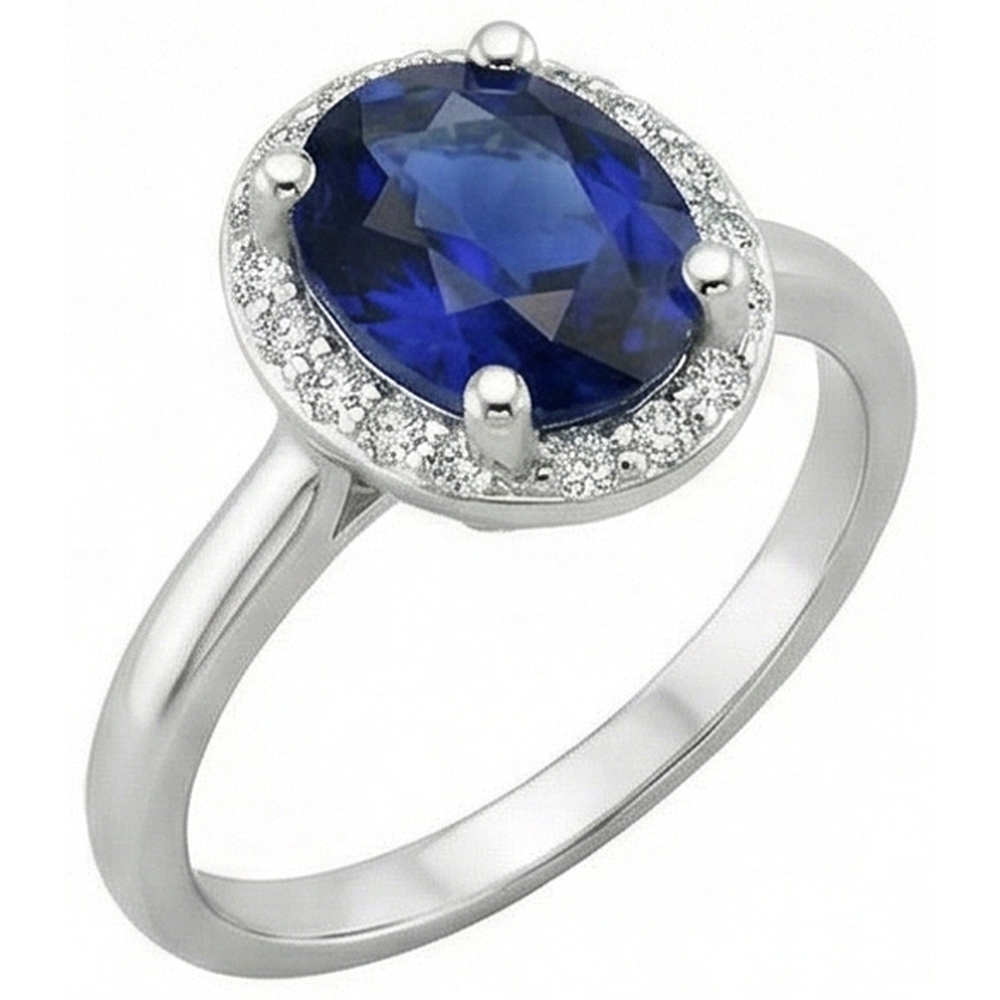 Halo Natural Earth Mined Diamond ( Not Lab Grown ) Blue Sapphire Engagement Ring 4 Carats White Gold 14K