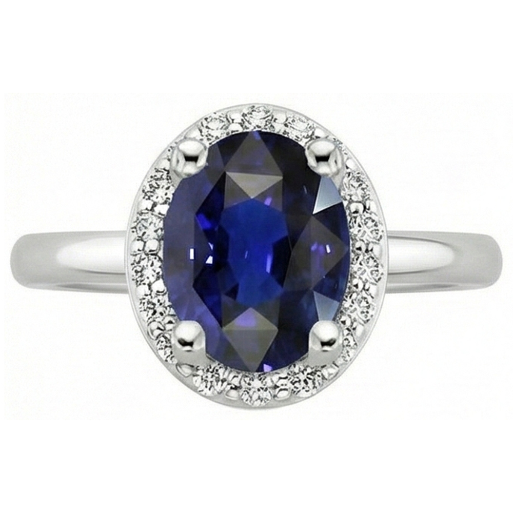 Halo Natural Earth Mined Diamond ( Not Lab Grown ) Blue Sapphire Engagement Ring 4 Carats White Gold 14K