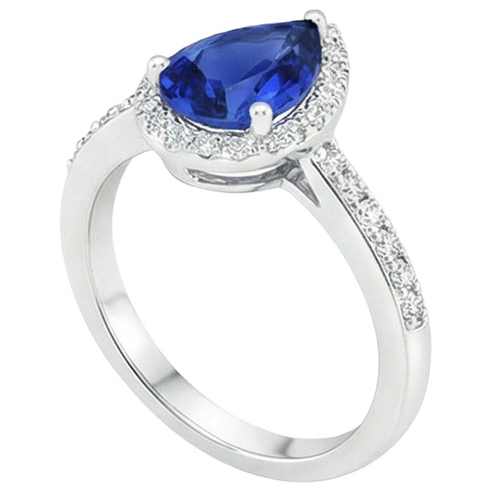 Halo Natural Earth Mined Diamond ( Not Lab Grown ) Blue Sapphire Teardrop Style Ring With Accents 5.50 Carat