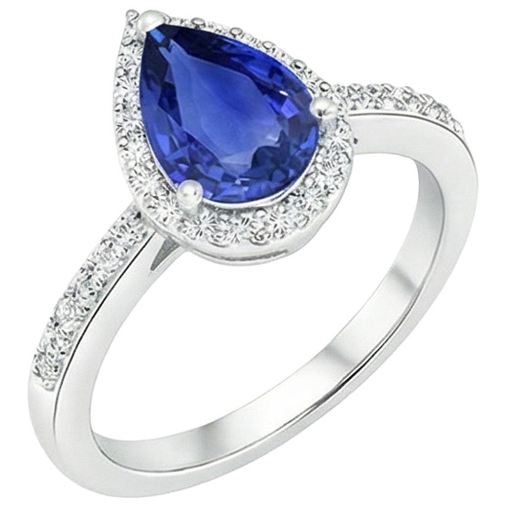 Halo Natural Earth Mined Diamond ( Not Lab Grown ) Blue Sapphire Teardrop Style Ring With Accents 5.50 Carat