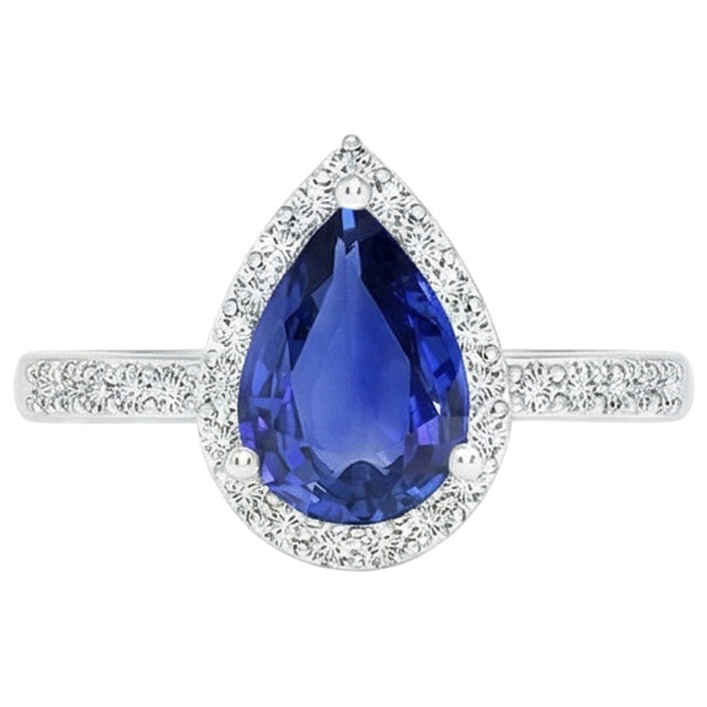 Halo Natural Earth Mined Diamond ( Not Lab Grown ) Blue Sapphire Teardrop Style Ring With Accents 5.50 Carat