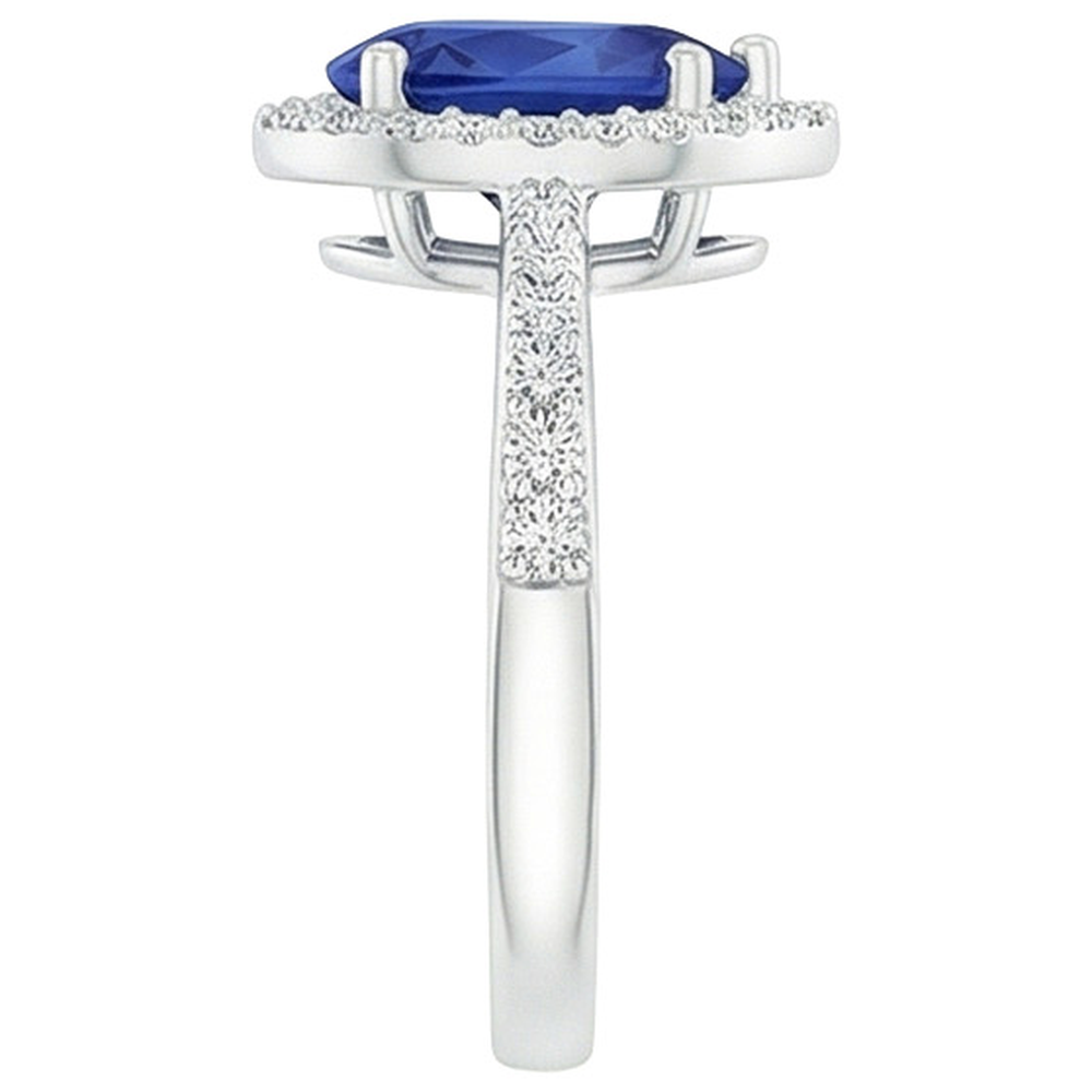 Halo Natural Earth Mined Diamond ( Not Lab Grown ) Blue Sapphire Teardrop Style Ring With Accents 5.50 Carat