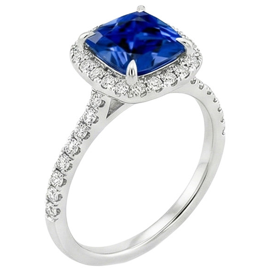 Halo Natural Earth Mined Diamond ( Not Lab Grown ) Ceylon Sapphire With Accents Ring 3.25 Carats Gold 14K