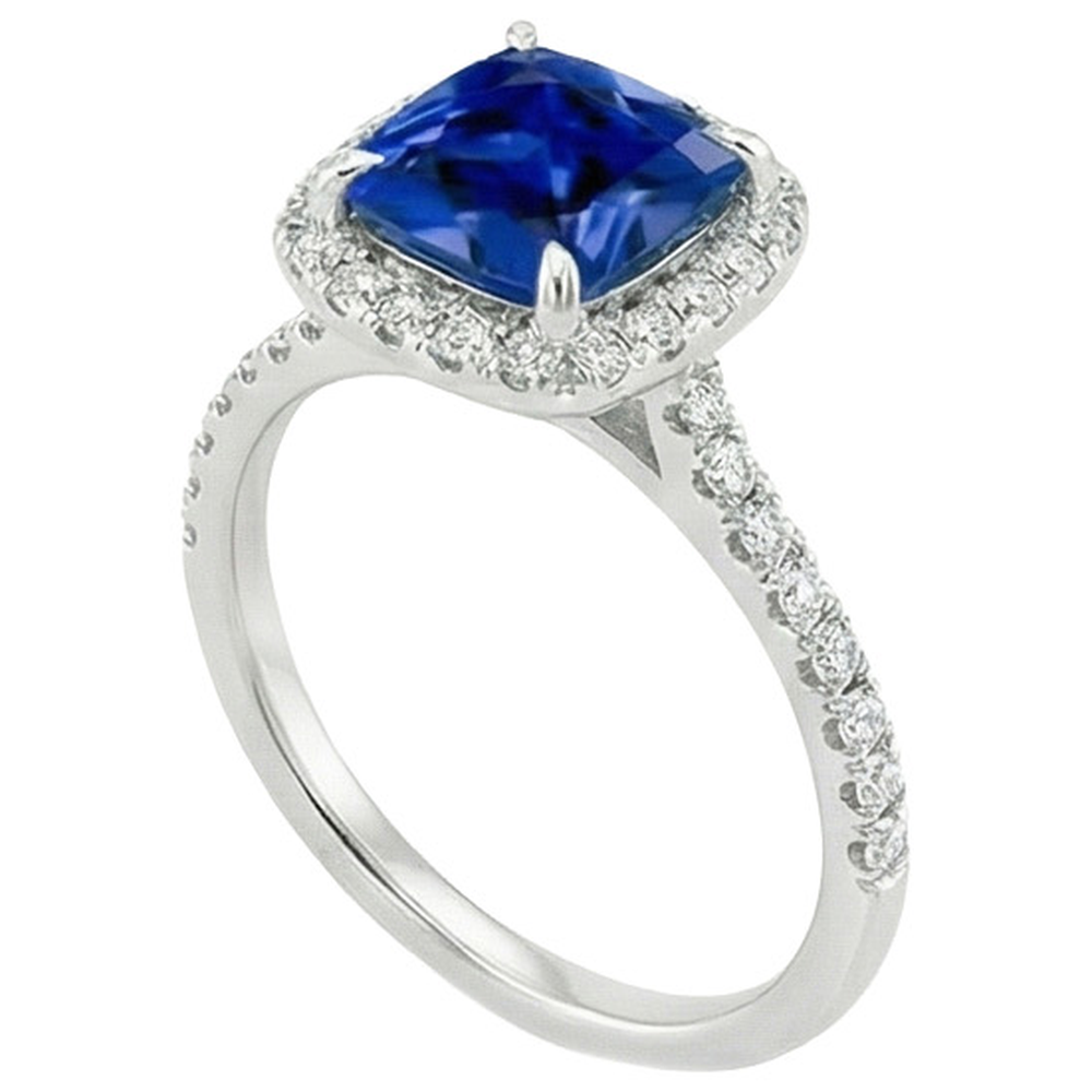 Halo Natural Earth Mined Diamond ( Not Lab Grown ) Ceylon Sapphire With Accents Ring 3.25 Carats Gold 14K