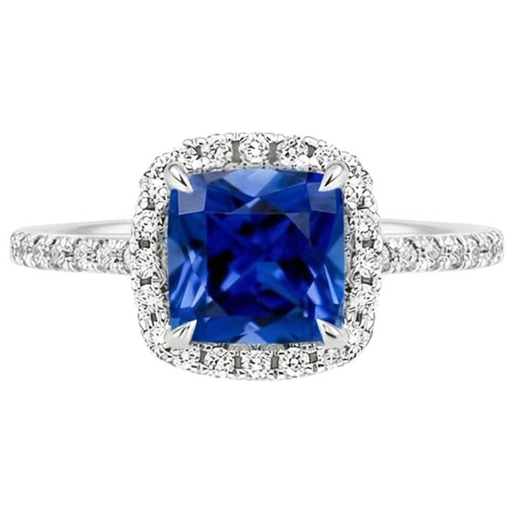 Halo Natural Earth Mined Diamond ( Not Lab Grown ) Ceylon Sapphire With Accents Ring 3.25 Carats Gold 14K
