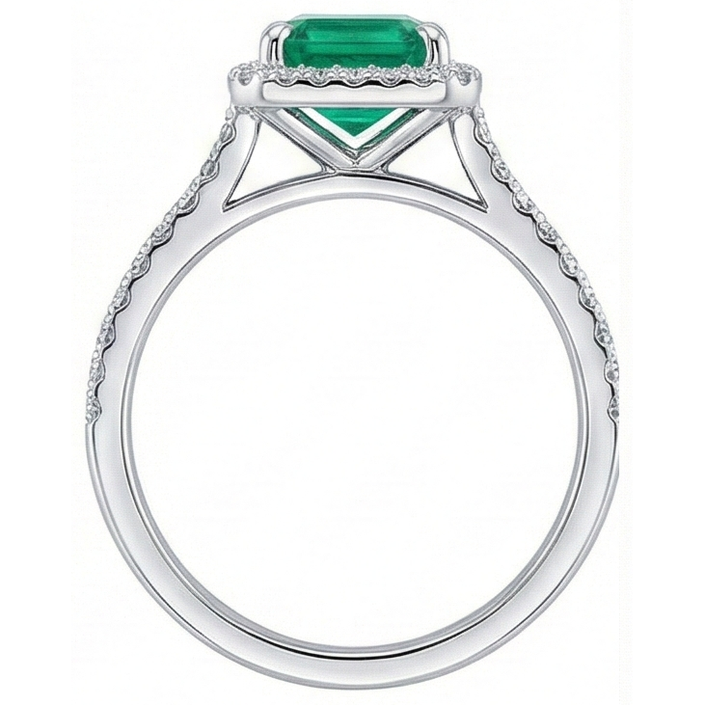 Halo Natural Earth Mined Diamond ( Not Lab Grown ) Colombian Green Emerald Engagement Ring 3.55 Carats White Gold
