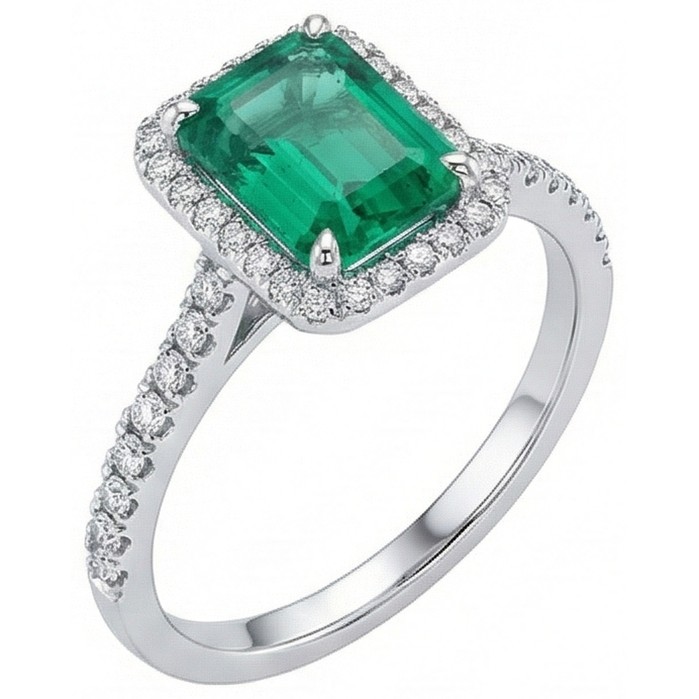 Halo Natural Earth Mined Diamond ( Not Lab Grown ) Colombian Green Emerald Engagement Ring 3.55 Carats White Gold