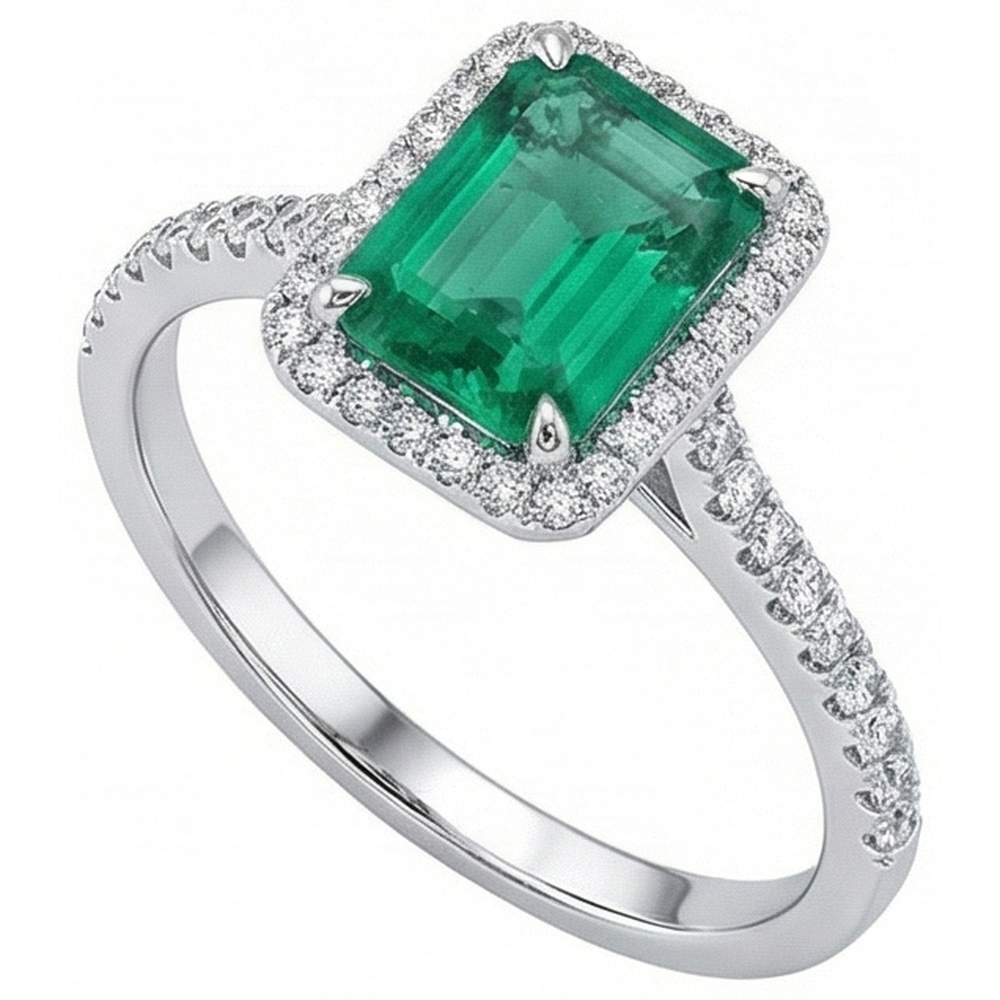 Halo Natural Earth Mined Diamond ( Not Lab Grown ) Colombian Green Emerald Engagement Ring 3.55 Carats White Gold