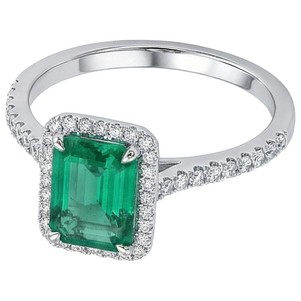 Halo Natural Earth Mined Diamond ( Not Lab Grown ) Colombian Green Emerald Engagement Ring 3.55 Carats White Gold