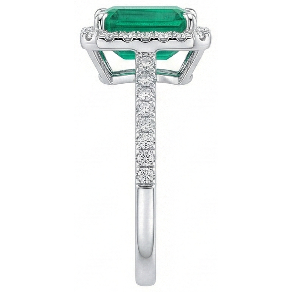 Halo Natural Earth Mined Diamond ( Not Lab Grown ) Colombian Green Emerald Engagement Ring 3.55 Carats White Gold