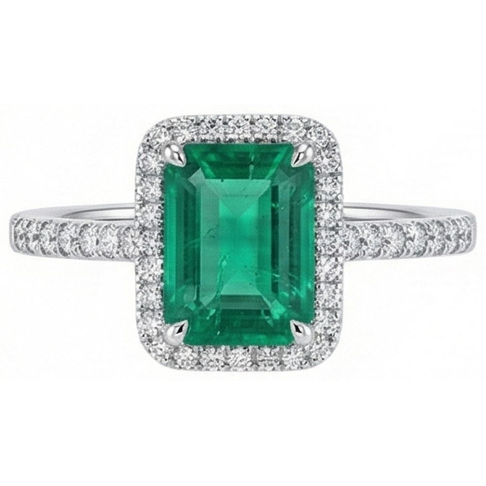 Halo Natural Earth Mined Diamond ( Not Lab Grown ) Colombian Green Emerald Engagement Ring 3.55 Carats White Gold