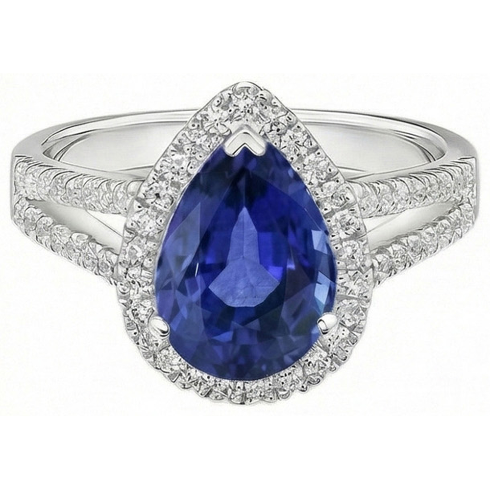 Halo Natural Earth Mined Diamond ( Not Lab Grown ) Engagement Ring Pear Ceylon Sapphire Split Shank 4 Carats