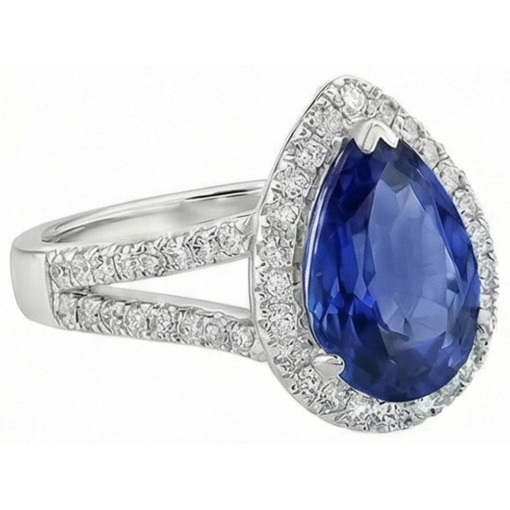 Halo Natural Earth Mined Diamond ( Not Lab Grown ) Engagement Ring Pear Ceylon Sapphire Split Shank 4 Carats