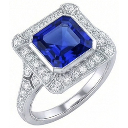 Halo Natural Earth Mined Diamond ( Not Lab Grown ) Sapphire Ring Asscher Bezel Set Milgrain Shank...