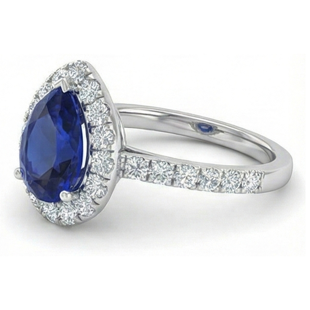 Halo Natural Earth Mined Diamond Sri Lanka Blue Sapphire Ring 2.75 Carats