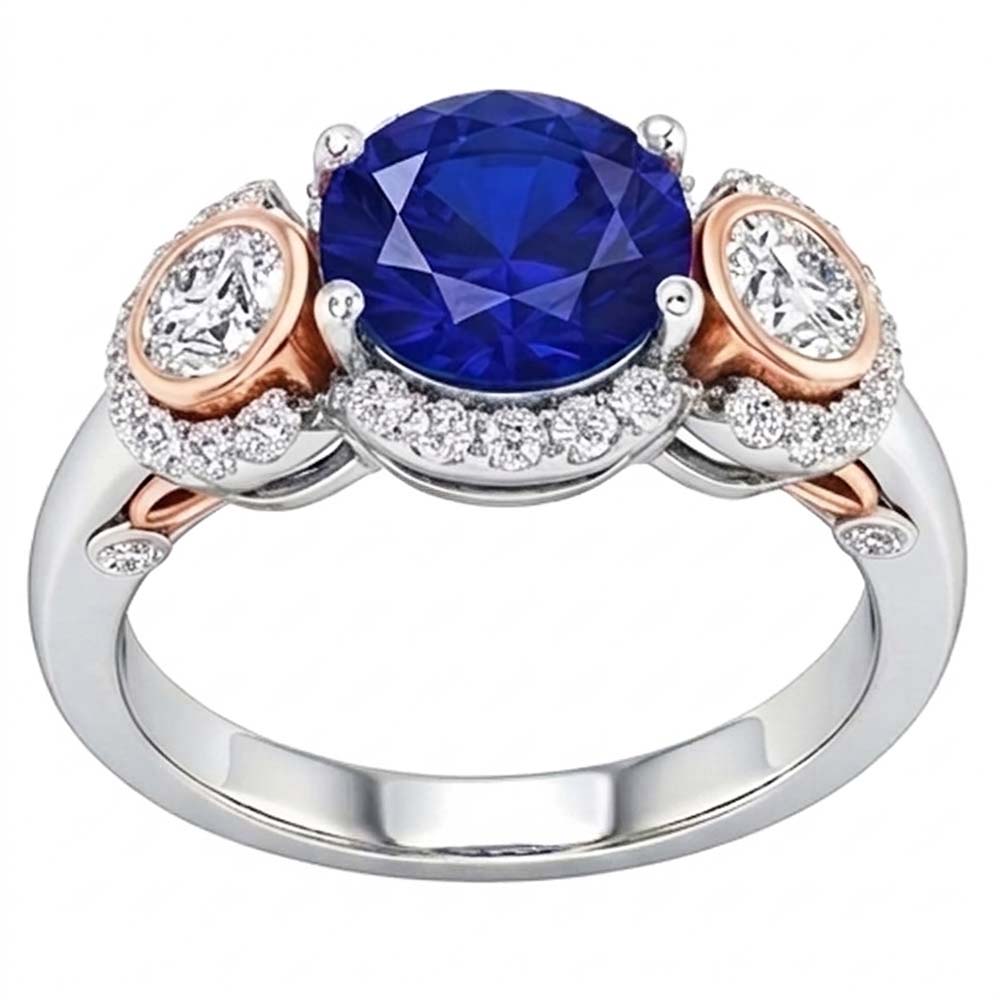 Halo Natural Earth Mined Diamond ( Not Lab Grown ) Anniversary Ring Round Blue Sapphire Two Tone 3.50 Carats