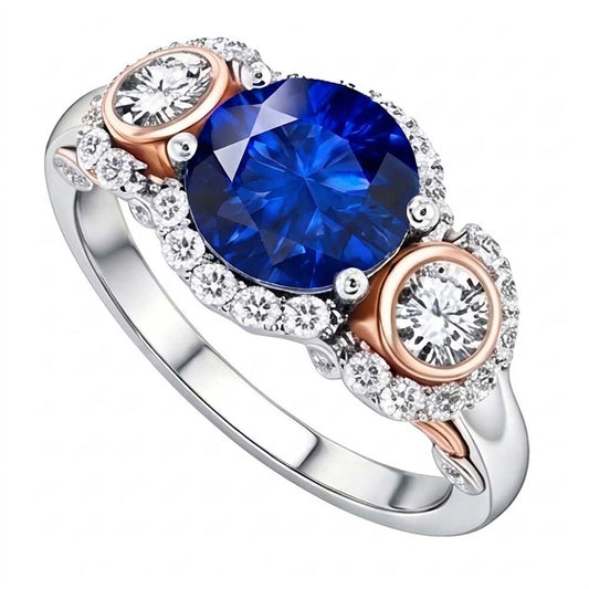 Halo Natural Earth Mined Diamond ( Not Lab Grown ) Anniversary Ring Round Blue Sapphire Two Tone 3.50 Carats