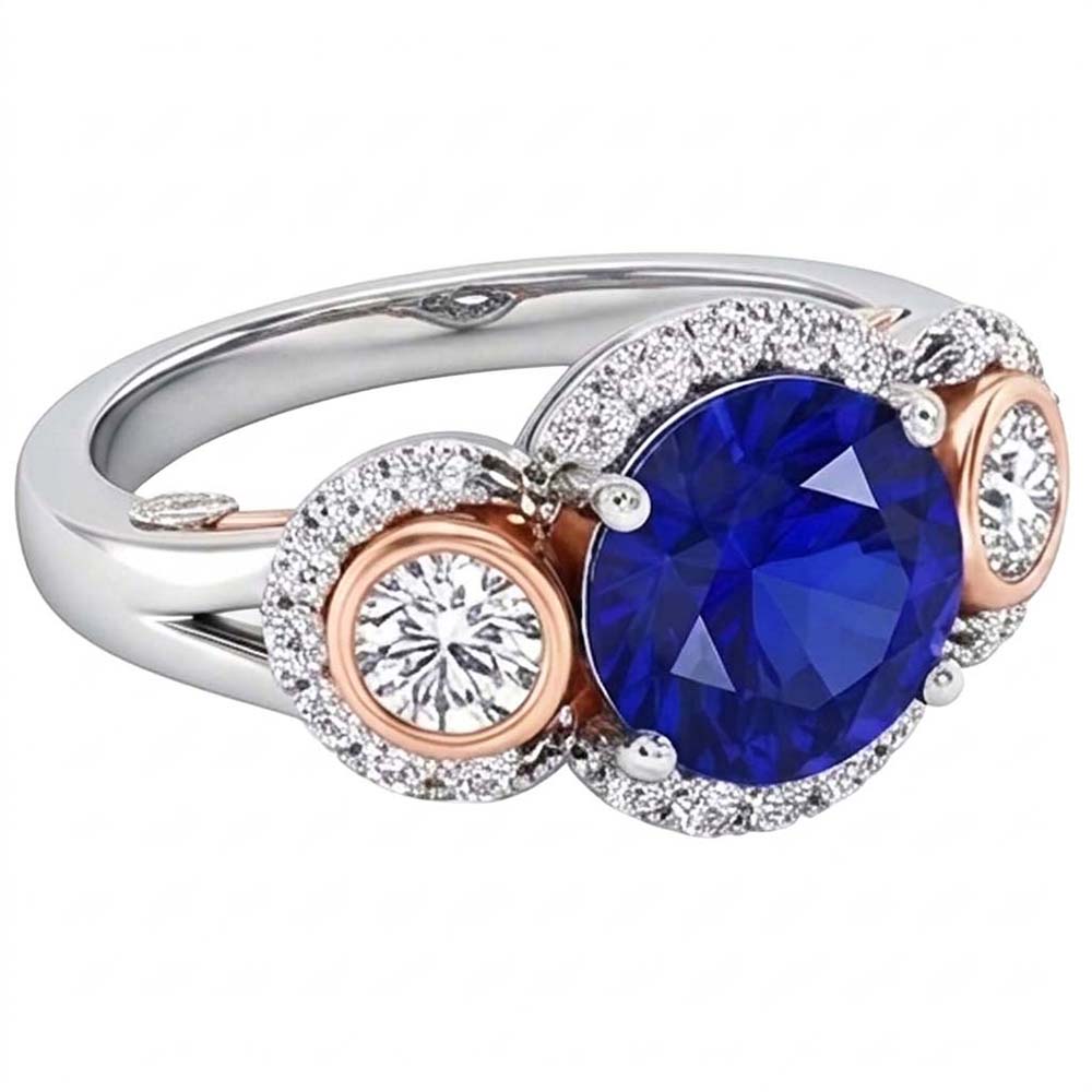 Halo Natural Earth Mined Diamond ( Not Lab Grown ) Anniversary Ring Round Blue Sapphire Two Tone 3.50 Carats