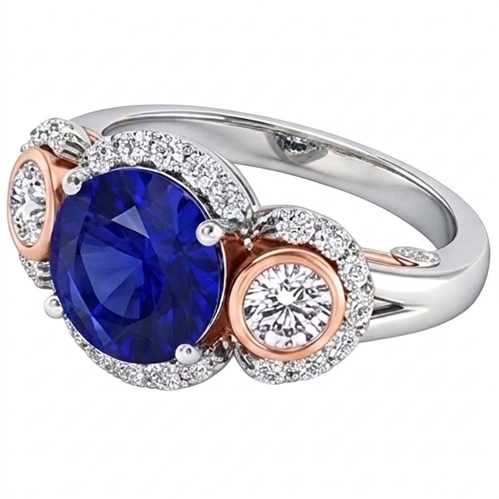 Halo Natural Earth Mined Diamond ( Not Lab Grown ) Anniversary Ring Round Blue Sapphire Two Tone 3.50 Carats