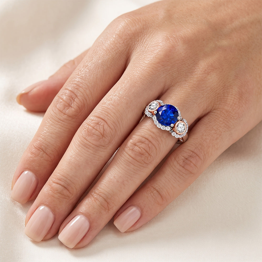 Halo Natural Earth Mined Diamond ( Not Lab Grown ) Anniversary Ring Round Blue Sapphire Two Tone 3.50 Carats