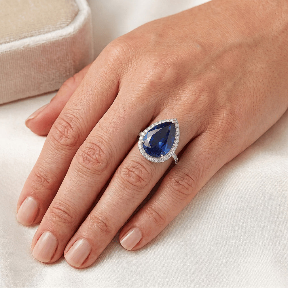 Halo Natural Earth Mined Diamond ( Not Lab Grown ) Blue Sapphire Teardrop Style Ring With Accents 5.50 Carat