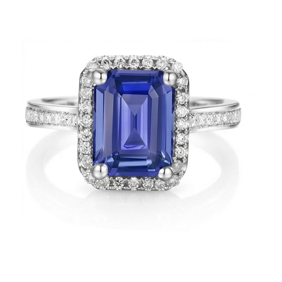 Halo Natural Earth Mined Diamond ( Not Lab Grown ) Blue Sapphire Wedding Ring Emerald Cut 3.50 Carats Gold